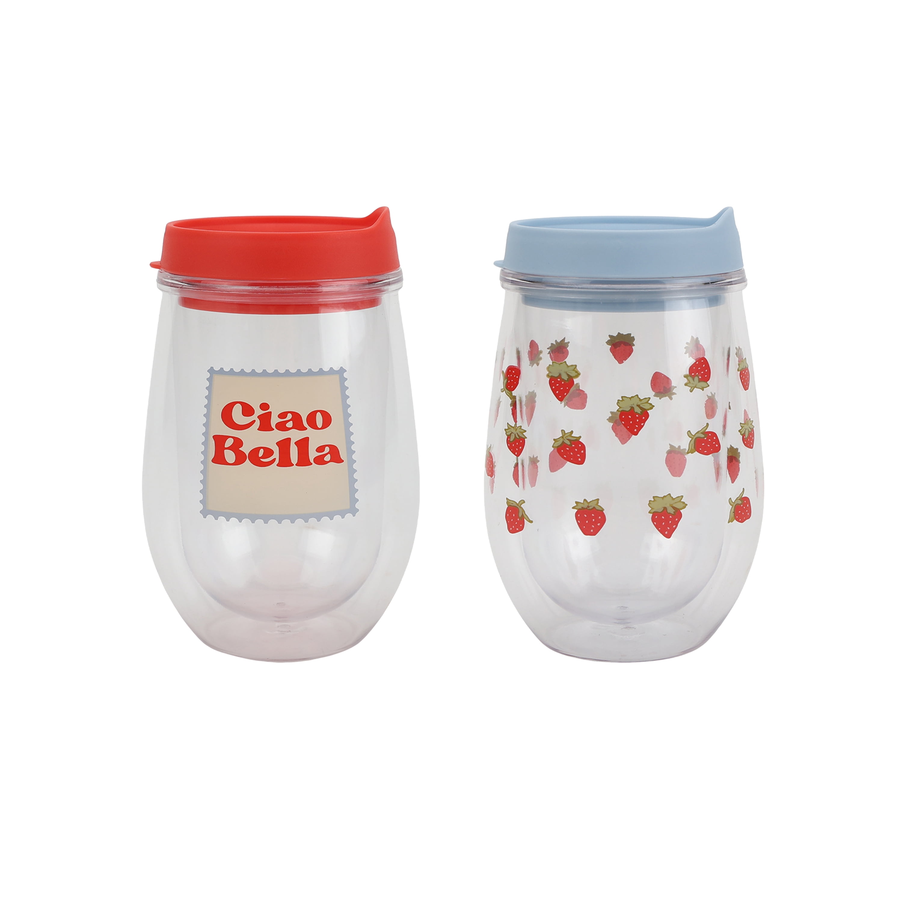 Just Feed Me by Jessie James Decker 2-Pack 12oz Printed Wine Tumbler Set, Ciao Bella and Strawberry