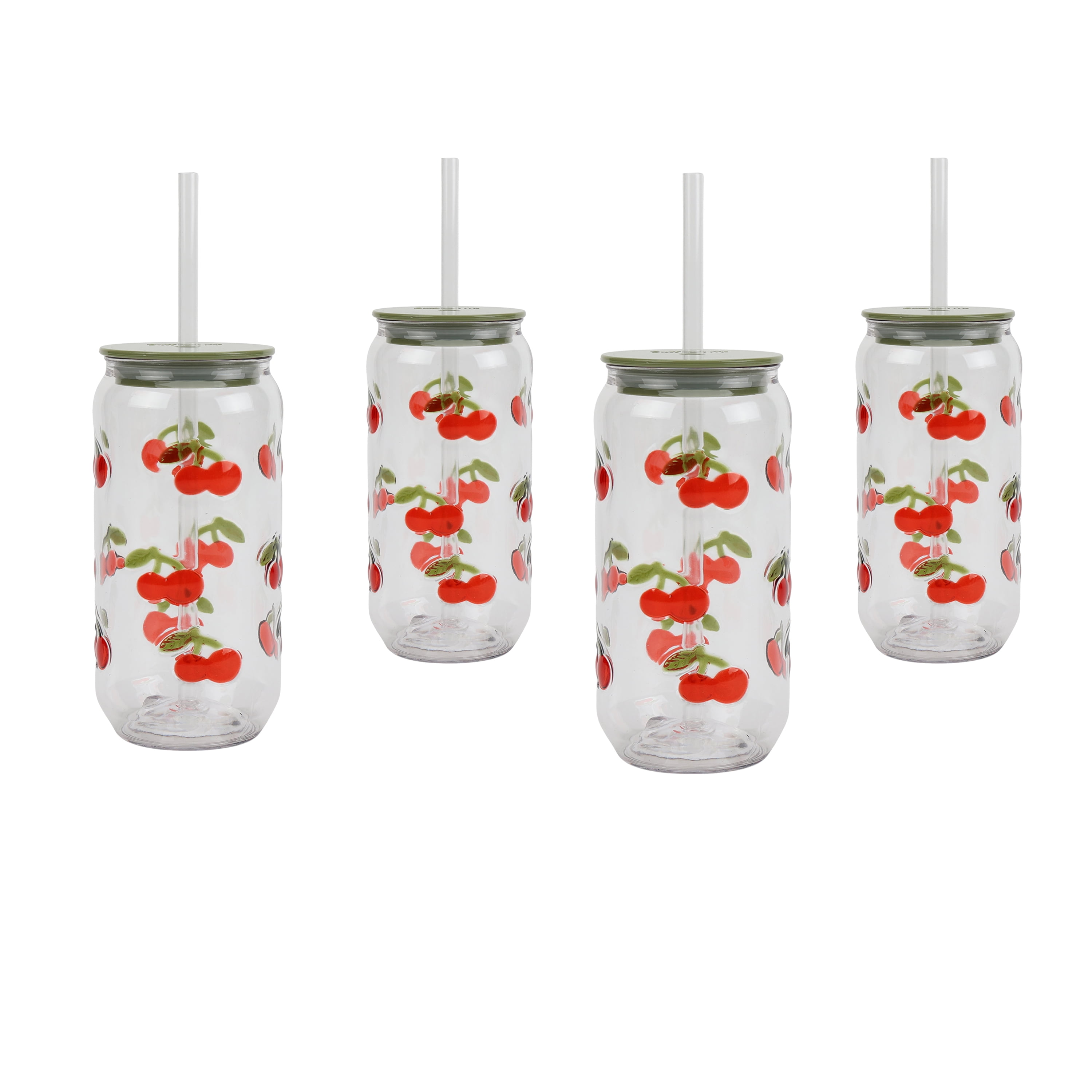 Just Feed Me by Jessie James Decker 4-Piece 18oz Embossed Cherry Can Sipper Tumbler with Straw Set