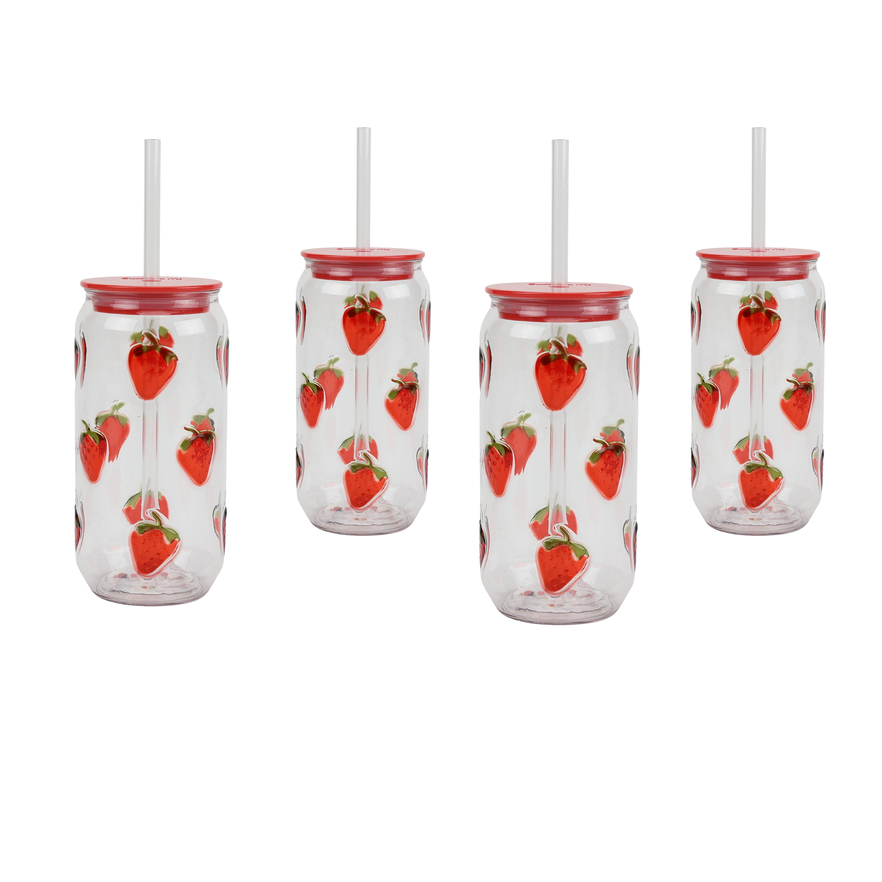 Just Feed Me by Jessie James Decker 4-Piece 18oz Embossed Strawberry Can Sipper Tumbler with Straw Set