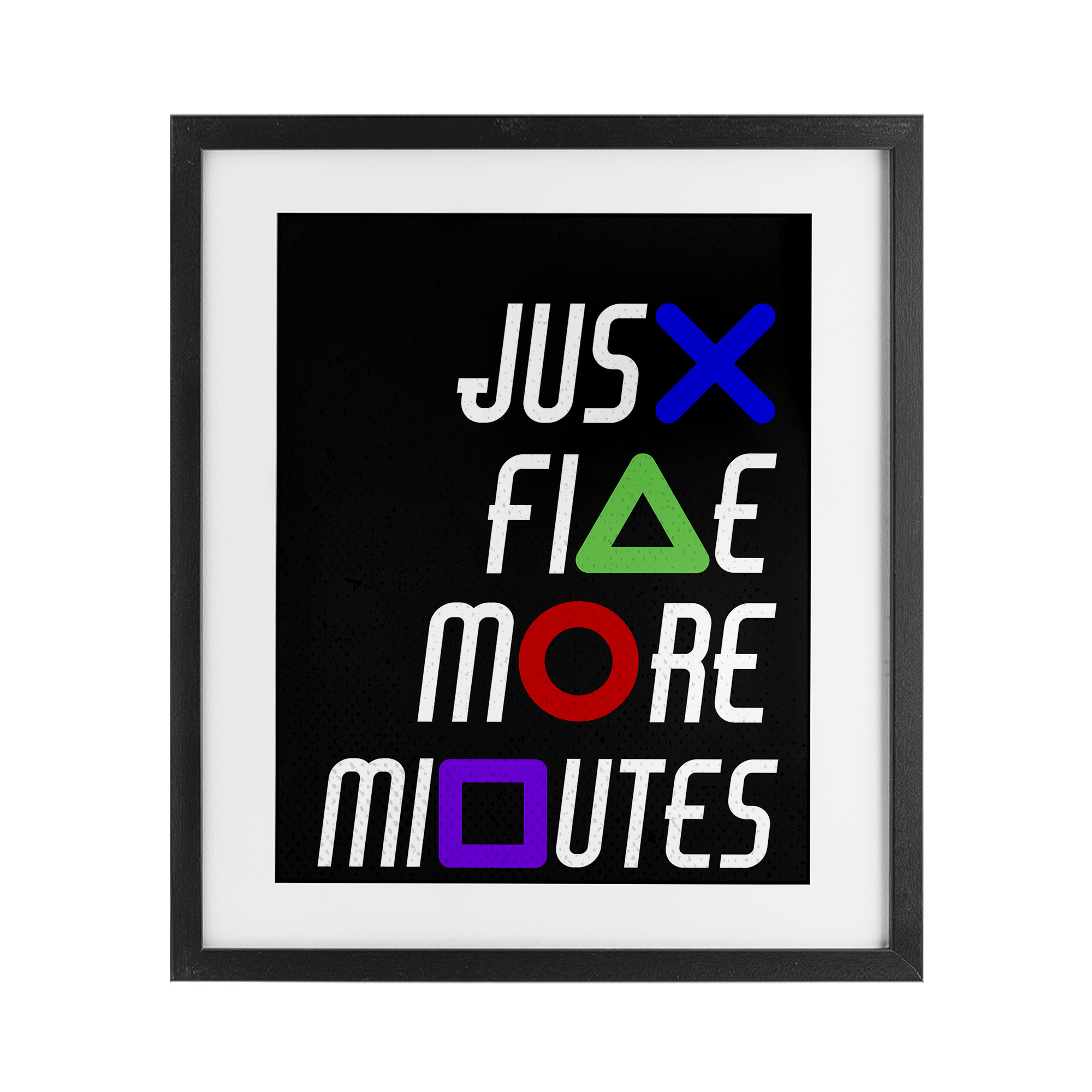 Just Five Minutes Gamer Buttons Black Framed Print Under Glass, design by Kim Allen