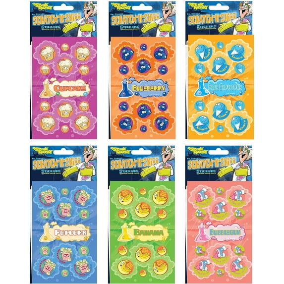 Just For Laughs Dr. Stinky's Scratch N Sniff Stickers 6-Pack- Blueberry, Popcorn, Cupcake, Blue Snowcone, Banana, Bubblegum 162 Stickers