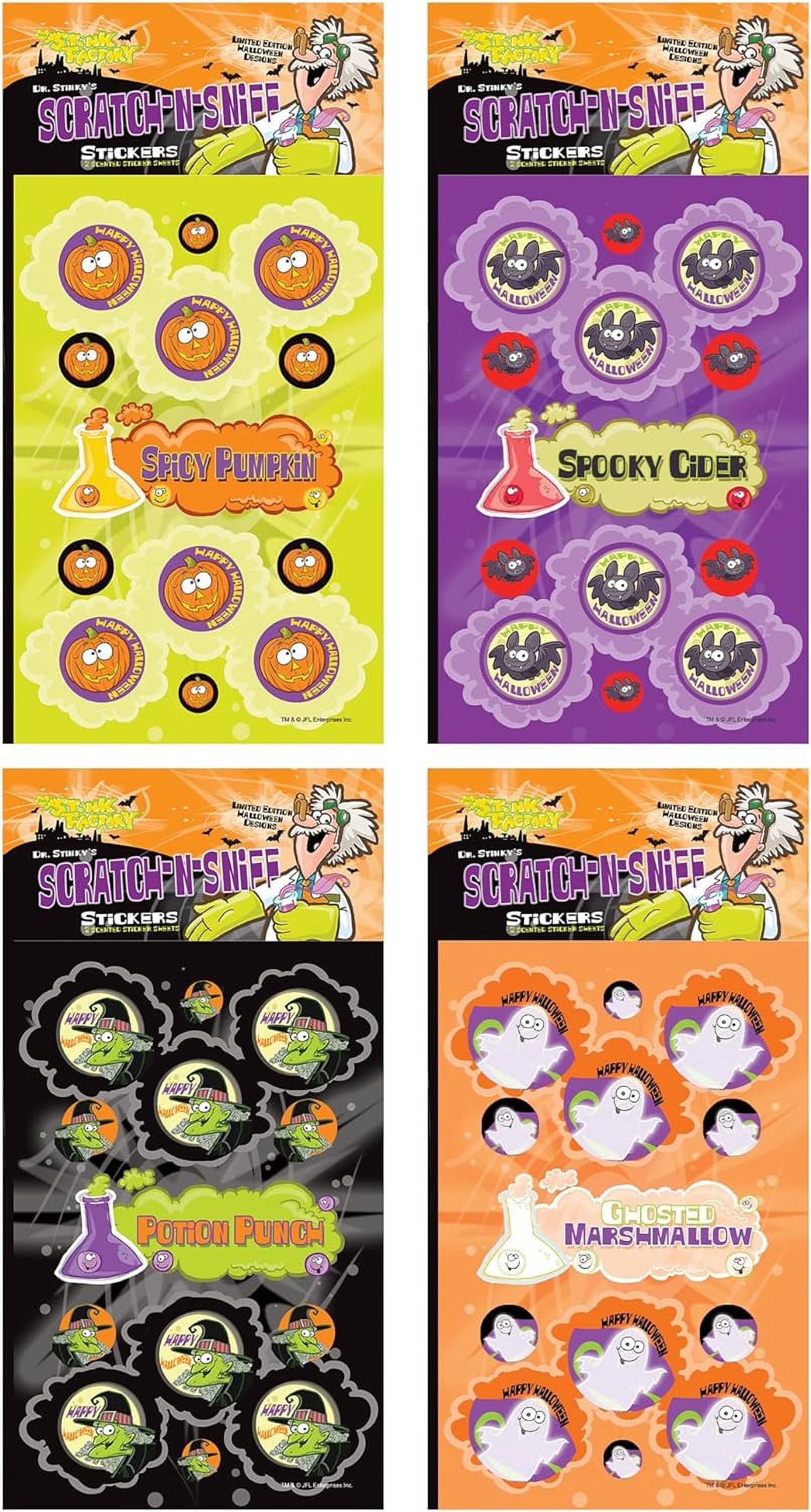 Just For Laughs Dr. Stinky's Scratch N Sniff Stickers Halloween 4-Pack- Spicy Pumpkin, Ghosted Marshmallow, Spooky Cider, Potion Punch