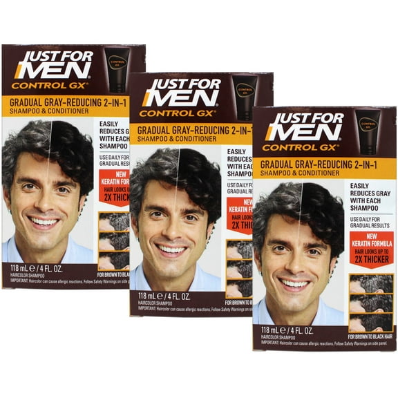 Just for Men Control GX Grey Reducing 2-in-1 Shampoo and Conditioner with Keratin, 4 Fl Oz (Packaging May Vary) - 3 Pack