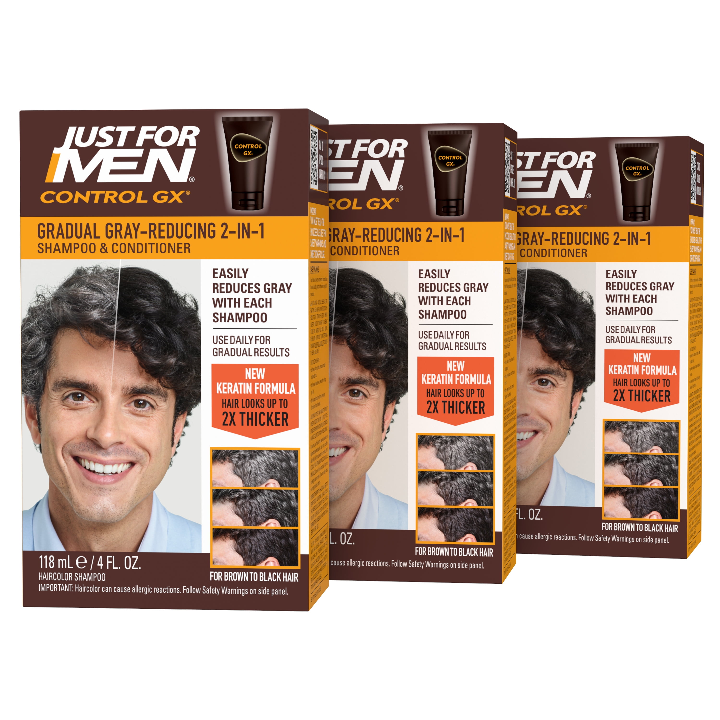 Just For Men Control GX Gradual Gray Reduction 2-in-1 Shampoo Plus Conditioner, 4 oz, 3 Pack