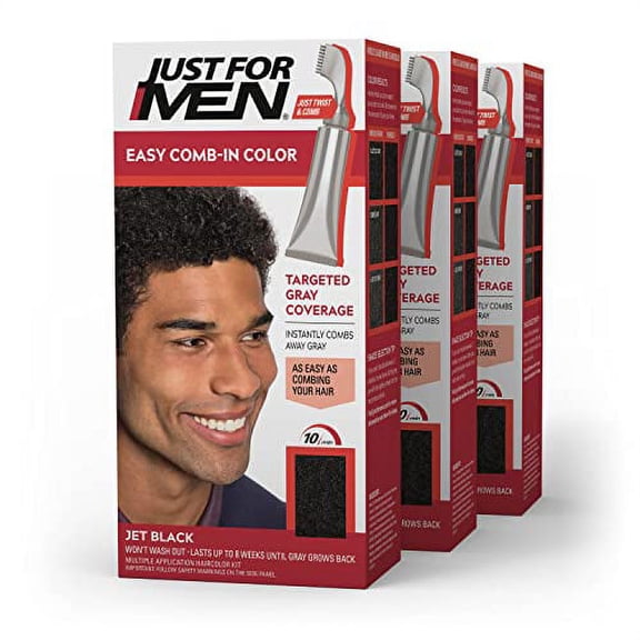 Just For Men Easy Comb-In Color (Formerly Autostop) Mens Hair Dye, Easy No Mix Application - Jet Black, A-60, 3 Pack