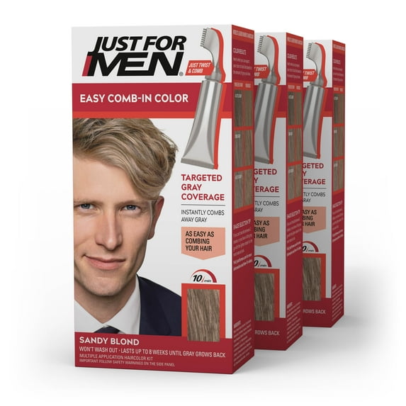 Just For Men Easy Comb-In Haircolor, Gray Men's Hair Color with Comb Applicator - Sandy Blond, A-10 (Pack of 3)