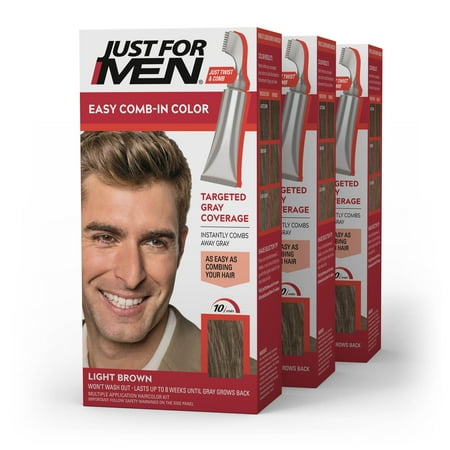 Just For Men Easy Comb-in Hair Color for Men with Applicator, Light Brown, A-25, 3 Pack