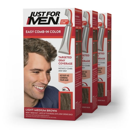 Just For Men Easy Comb-in Hair Color for Men with Applicator, Light Medium Brown, A-30, 3 Pack