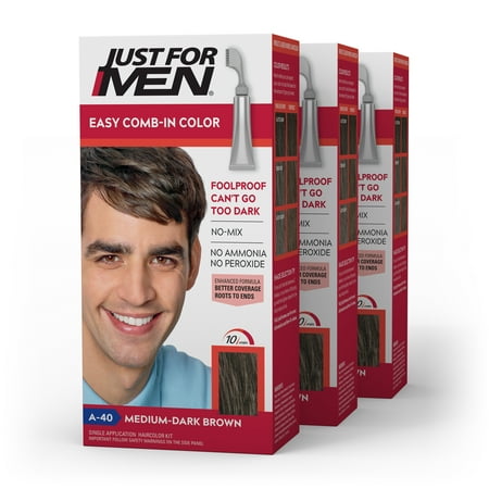 Just For Men Easy Comb-in Hair Color for Men with Applicator, Medium Dark Brown, A-40, 3 Pack