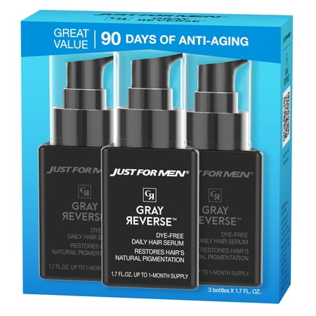Just for Men Gray Reverse Daily Hair Serum, Gradually Reduces Gray Hair, Easy Dye-Free Serum, 1.7oz, Pack of 3