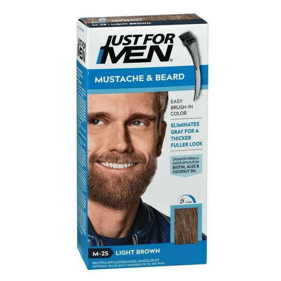 Just For Men Mustache & Beard, Beard Dye for Men with Brush Included for Easy Application, With Keratin Biotin Aloe and Coconut Oil for Healthy Facial Hair - Light Brown, M-25, Pack of 1