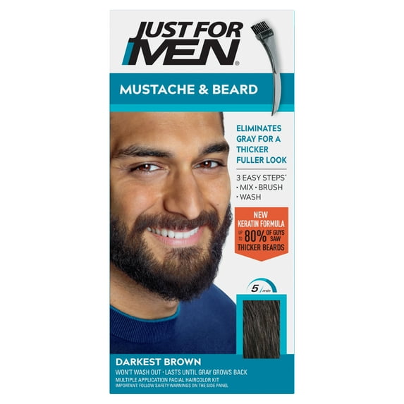 Just For Men Mustache & Beard, Beard Dye for Men with Brush Included for Easy Application, With Keratin Biotin Aloe and Coconut Oil for Healthy Facial Hair - Darkest Brown, M-50 Pack of 1
