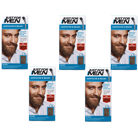 Just For Men Mustache & Beard Brush-In Color Gel, Blond M-10/15, 1oz, Eliminates Gray for Thicker Beard, with Biotin, Aloe & Coconut Oil 5 Pack
