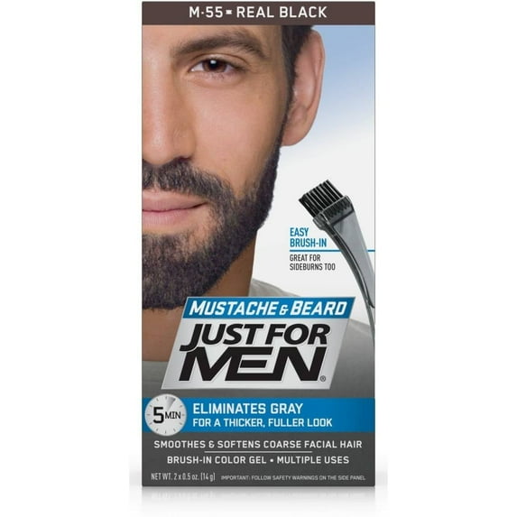 Just For Men Mustache Beard Brush In Color Gel, M 55 Real Black, Pack of 3