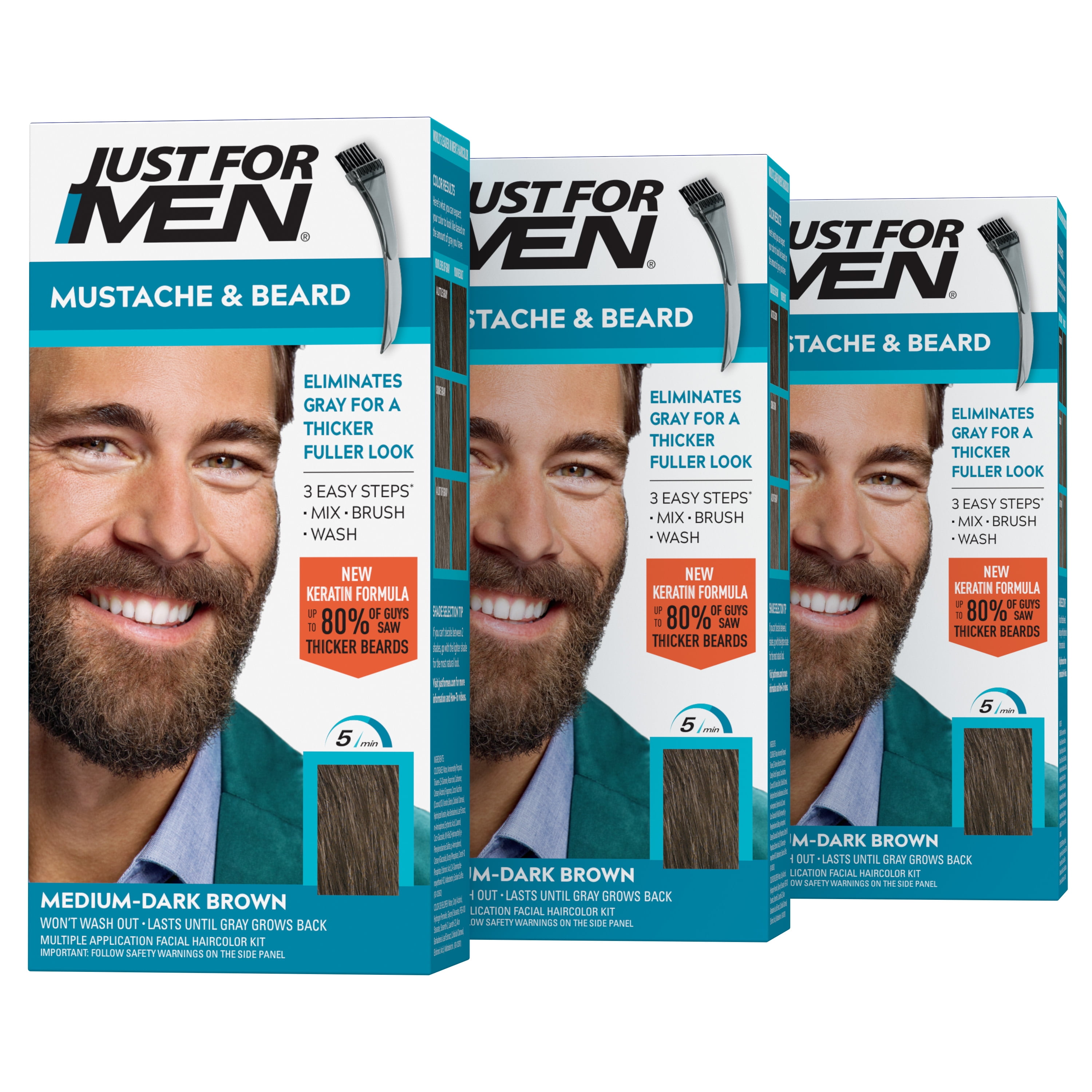 Just For Men Mustache and Beard Coloring for Gray Hair, M-40 Medium Dark Brown, 3 Pack