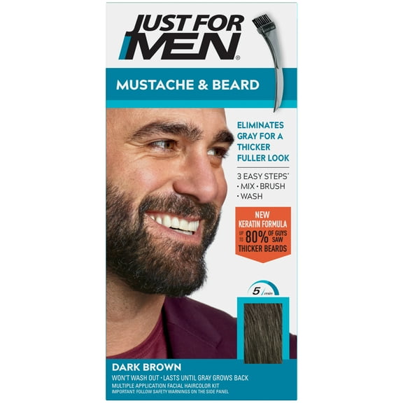 Just For Men Mustache & Beard, Beard Dye for Men with Brush Included for Easy Application, With Keratin Biotin Aloe and Coconut Oil for Healthy Facial Hair - Dark Brown, M-45 Pack of 1