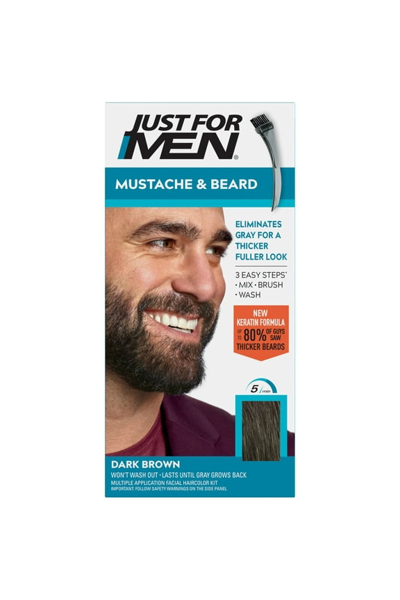 Mustache & Beard, Beard Dye for Men with Brush Included for Easy Application, With Keratin Biotin Aloe and Coconut Oil for Healthy Facial Hair - Dark Brown, M-45 Pack of 1