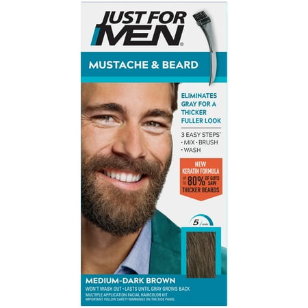 Just For Men Mustache & Beard, Beard Dye for Men with Brush Included for Easy Application, With Keratin Biotin Aloe and Coconut Oil for Healthy Facial Hair - Medium Dark Brown, M-40 Pack of 1