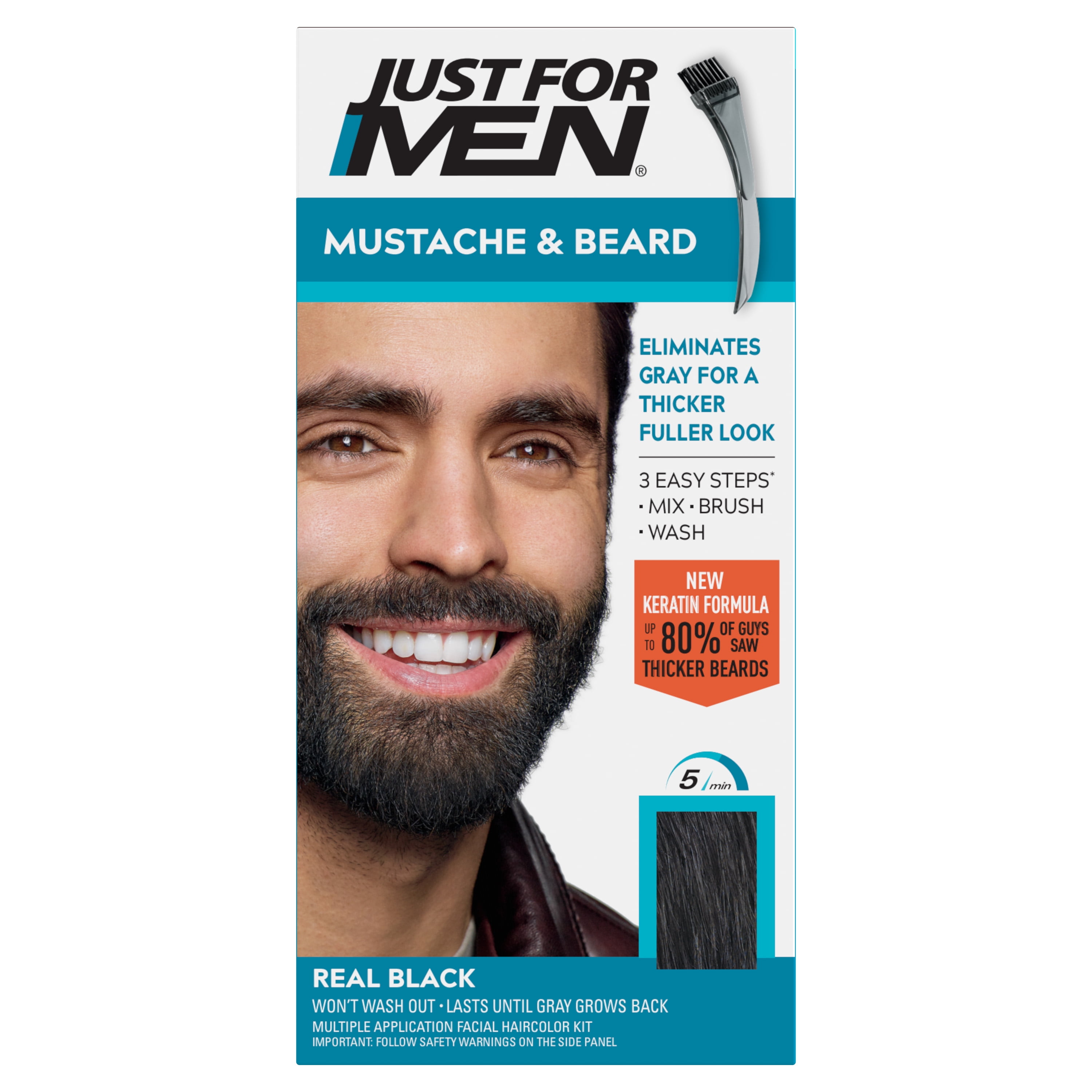 Just For Men Mustache & Beard, Beard Dye for Men with Brush Included, With Keratin Biotin Aloe and Coconut Oil for Healthy Facial Hair - Real Black, M-55, Pack of 1 (Packaging May Vary)