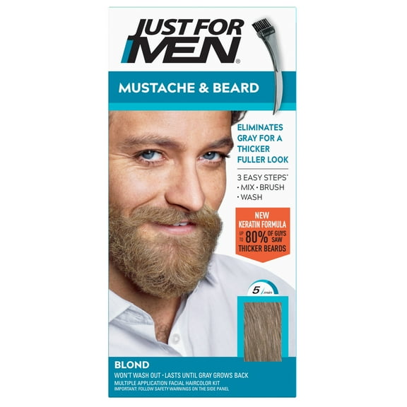 Just For Men Mustache & Beard, Beard Dye for Men with Brush Included for Easy Application, With Keratin Biotin Aloe and Coconut Oil for Healthy Facial Hair - Blond, M-10/15, Pack of 1