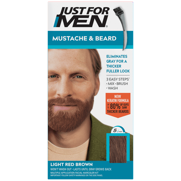 Just For Men Mustache & Beard, Beard Dye for Men with Brush Included for Easy Application, With Keratin Biotin Aloe and Coconut Oil for Healthy Facial Hair - Light Red Brown, M-27 Pack of 1