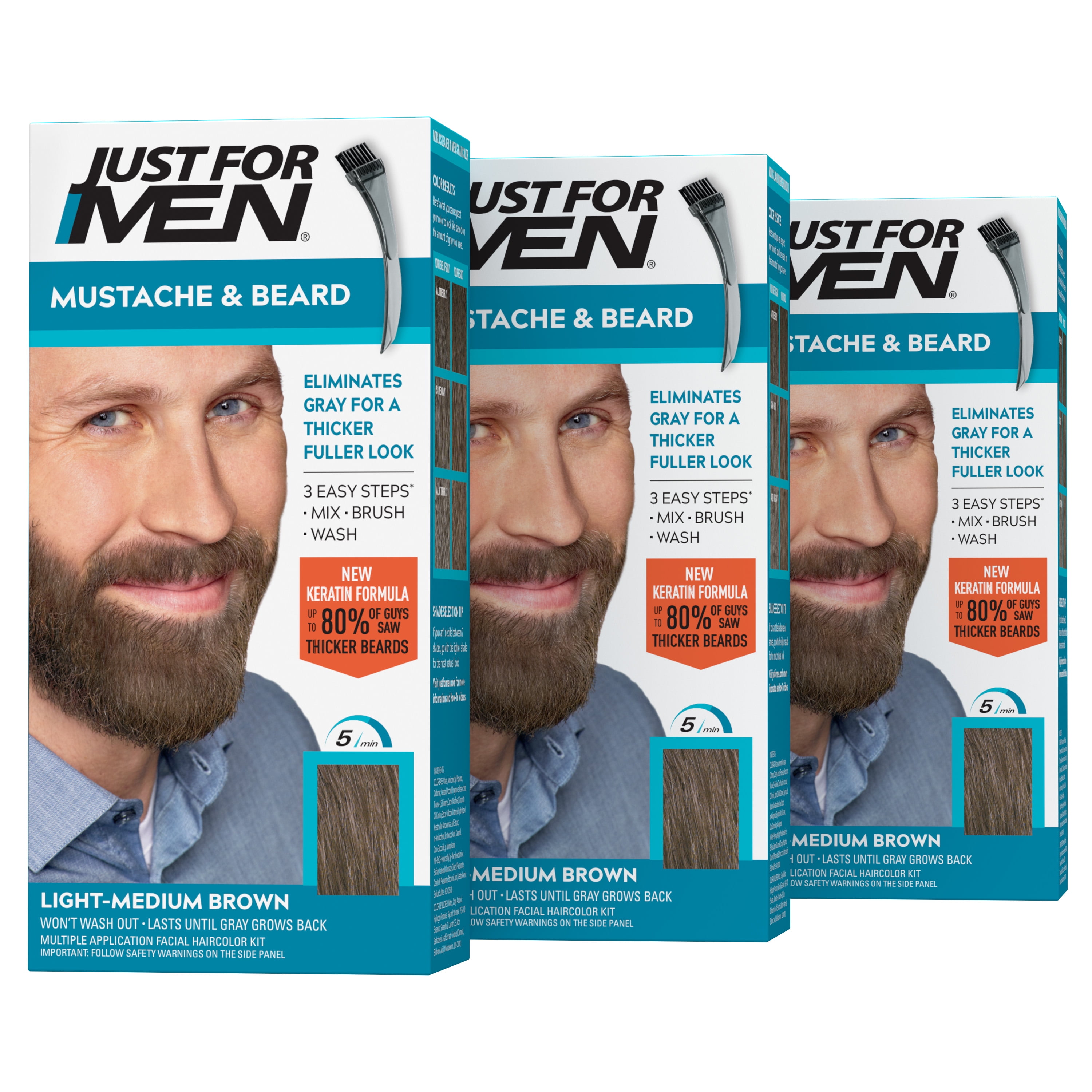 Just For Men Mustache & Beard, Beard Dye for Men with Brush Included for Easy Application, With Keratin Biotin Aloe and Coconut Oil for Healthy Facial Hair - Light Medium Brown, M-30, Pack of 3