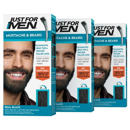 Just For Men Mustache & Beard, Beard Dye for Men with Brush Included for Easy Application, With Keratin Biotin Aloe and Coconut Oil for Healthy Facial Hair - Real Black, M-55 Pack of 3