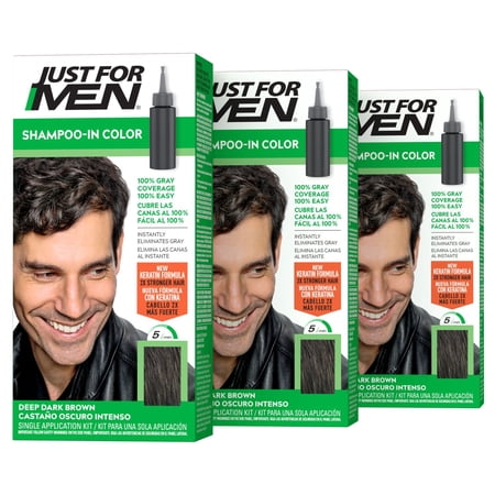 Just For Men Shampoo-In Color, Gray Hair Coloring for Men - Deep Dark Brown, H-46A, Pack of 3