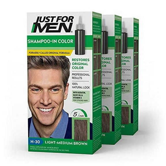 Just For Men Shampoo-In Color, Mens Hair Dye with Vitamin E for Stronger Hair - Light-Medium Brown, H-30, 3 Pack (Formerly Original Formula) 1 Count