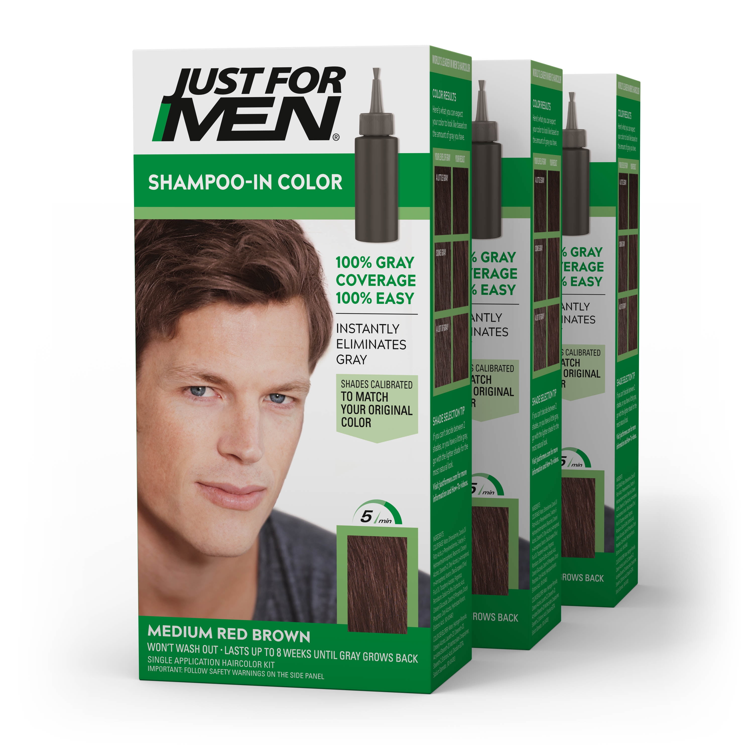 Just For Men Shampoo-in Hair Dye for Men, H-37 Medium Red Brown, 3 Pack