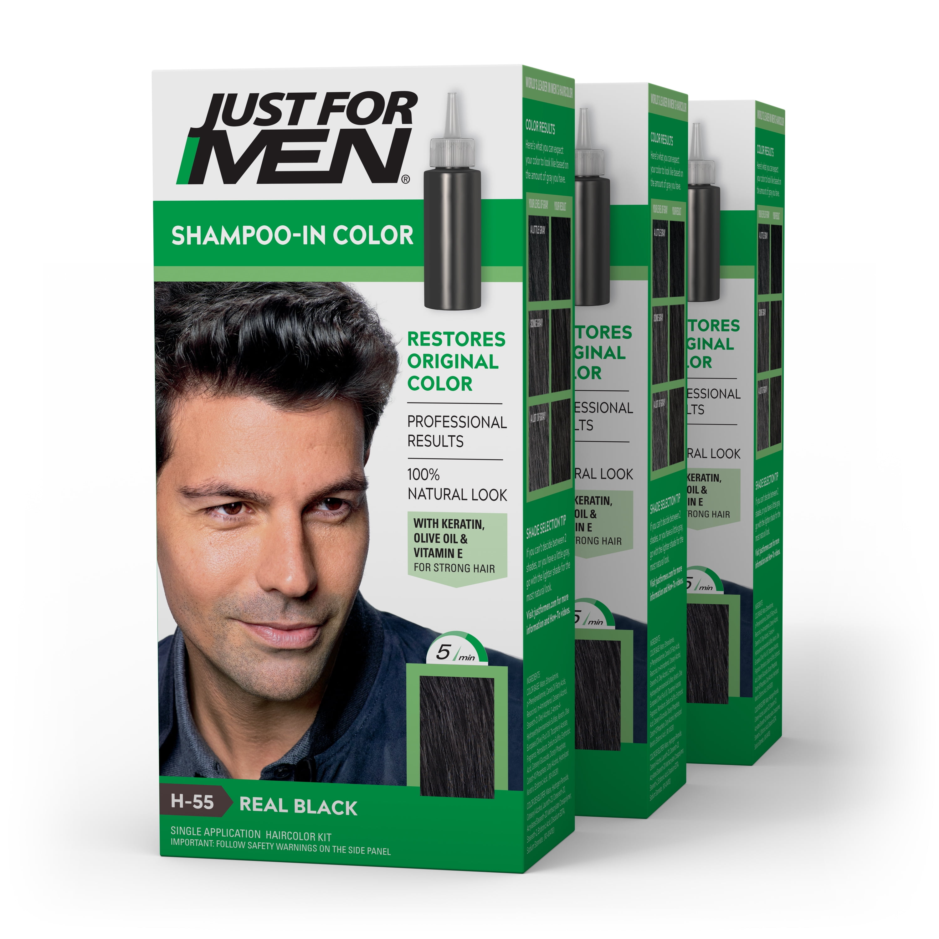 Just For Men Shampoo-In Haircolor, Gray Men's Hair Color - H-55 Real Black (3 Pack)