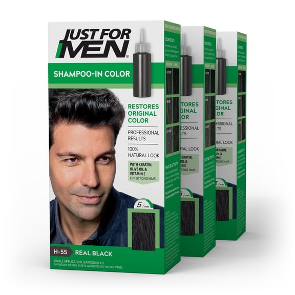 Just For Men Shampoo-In Haircolor, Gray Men's Hair Color - H-55 Real Black (3 Pack)
