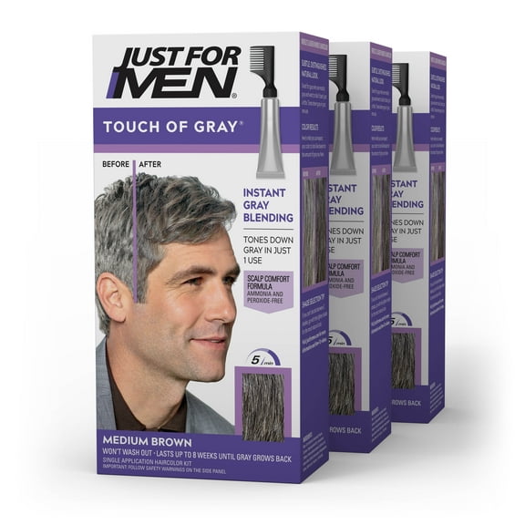 Just For Men Touch of Gray Hair Color with Comb Applicator, T-35 Medium Brown, 3 Pack