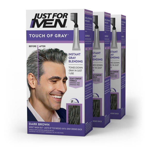 Just For Men Touch of Gray Hair Color with Comb Applicator, T-45 Dark Brown, 3 Pack