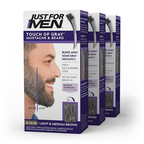 Just For Men Touch of Gray Mustache and Beard Hair Color with Comb Applicator, B 25/35 Light and Medium Brown, 3 Pack