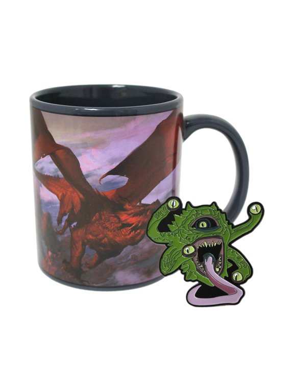 Just Funky Dungeons and Dragons Red Dragon Glass Ceramic Mug with Gazer Beholder Pin, 16 Oz