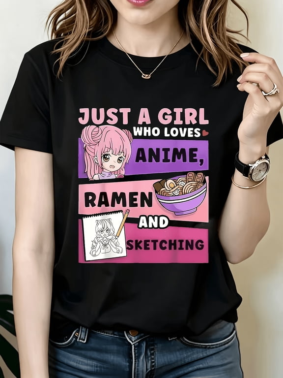 “Just a Girl Who Loves Anime Ramen Sketching” Vibrant Black Pink Purple Graphic Short Sleeve Crew Neck T-Shirt, Breathable Casual Fashionable Everyday Comfortable Top for Anime Fans