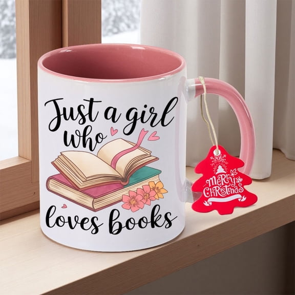Just a Girl Who Loves Books Coffee Mug - 11oz Book Lover's Gift with Book & Heart Design, Female Reader Gifts (Pink/Beige), Hand Wash Only, Non-Slip Cup for Tea/Coffee, Christmas/Halloween/Easter Pre