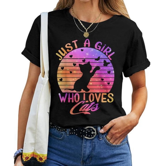 Just a Girl Who Loves Cats Tee – Women’s Cotton T-Shirt with Cute Cat Graphic, Casual Unisex Outfit for Pet Lovers and Everyday Wear, Size M, Color Black
