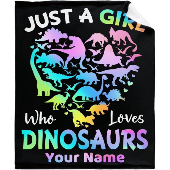 Just Girl Who Loves Dinosaurs Blanket Customized Text Gifts Plush Soft Fuzzy Lightweight Personalized Flannel Throw Blankets 40"x50" for Kids/Children Birthday Home Couch Sofa Bedroom