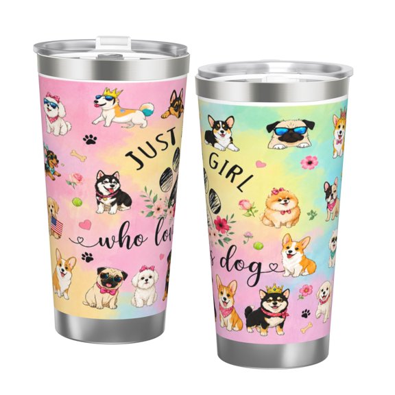 Just a Girl Who Loves Dogs 20oz Insulated Tumbler Cute Puppy Lover Floral Rainbow Travel Cup with Straw Leak Resistant Cup Gift for Dog Mom with Double Silver Rim