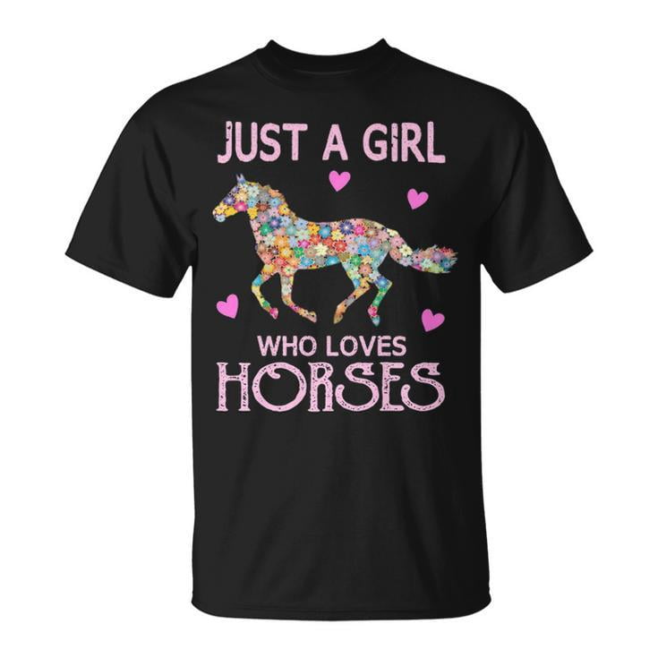 Just a Girl Who Loves Horses Graphic Tee Unisex Adult Cotton Equestrian Horse Riding Design T-Shirt for Girls Women Casual Farm Outdoor Wear, Size 5XL, Color Black