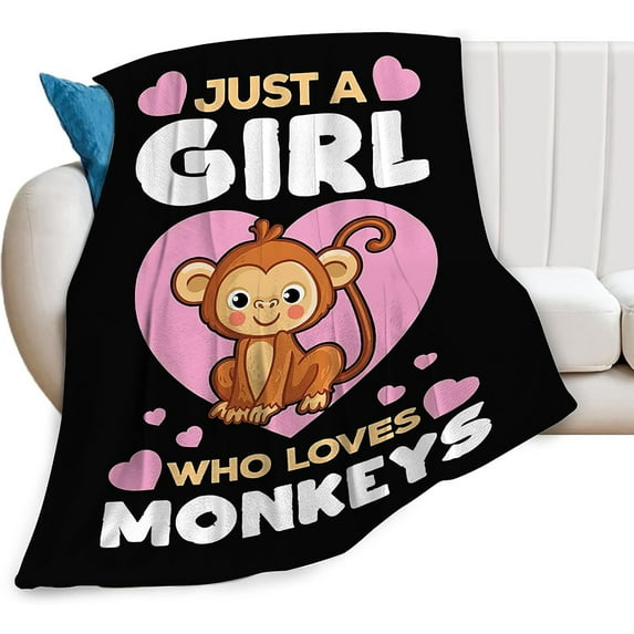 Just A Girl Who Loves Monkeys Blanket Cute Funny Monkey Decor Throw Blanket Gifts for Girls Boys Super Warm Soft Plush Fleece Flannel Blanket Winter Couch Bedding Blanket for Baby Kids Women 40"x50"