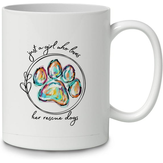 Just a Girl Who Loves Her Rescue Dogs Colorful Dog Paw Ceramic Coffee Mug Cup 11oz,Double Side Printed,Rescue Dog Mug Gifts For Dog Lover Owner Mom Girls