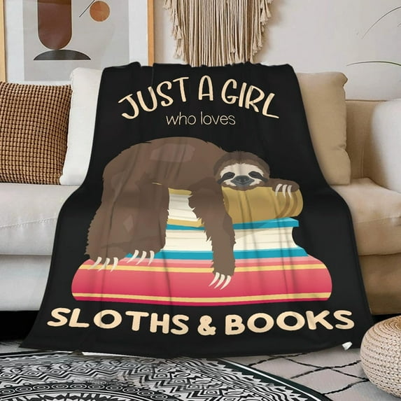 Just a Girl Who Loves Sloths and Books Blanket Lightweight Cozy Flannel Fleece Throw Blanket Best Gift Home Decor for Bed Couch Outdoor Camping 80"x60" Queen for Adults