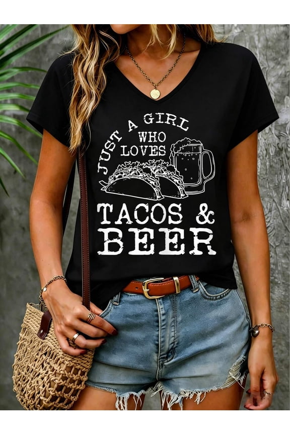 Just A Girl Who Loves Tacos & Beer Awesome Foodie Beer Lover V Neck T-Shirt Cotton Women's V Neck Graphic Tee, Casual Short Sleeve Shirt,Vacation Outfit