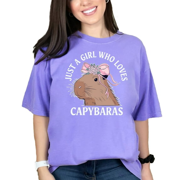 Just a Girl Who Loves Capybaras, Cute Capybara Print on T-Shirt, Funny Animal Graphic Tee, Women's Gift, Trendy Casual Wear, Violet Comfort Colors T-Shirt, Medium