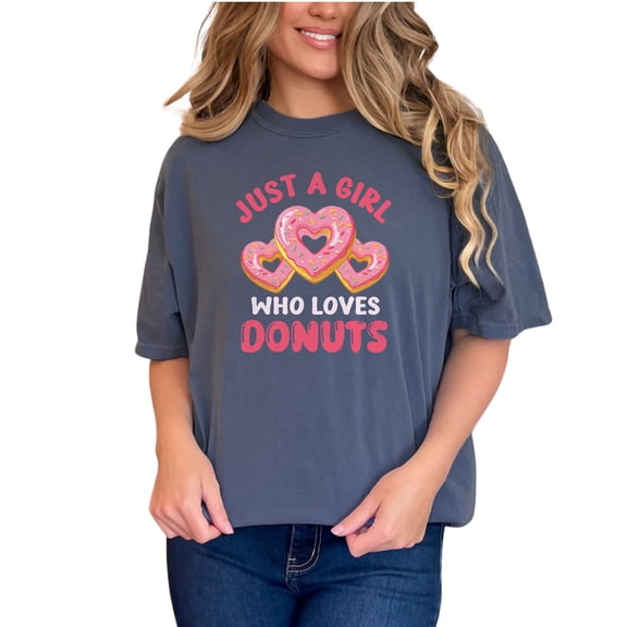 Just a Girl Who Loves Donuts T-Shirt, Cute Donut Lover Shirt, Funny Graphic Tee, Heart Shaped Donuts, Sweet Treats Apparel, Denim Comfort Colors T-Shirt, XL
