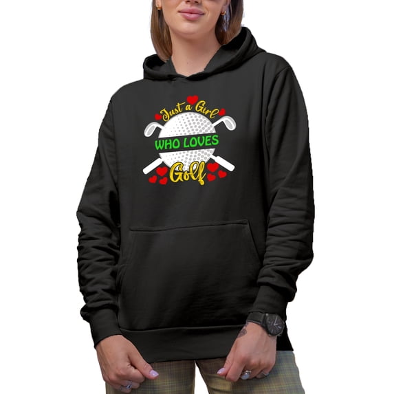 Just a Girl Who Loves Golf with a Ball, Hearts & Clubs, Female Golf Player, Golfing or Golfer Themed Merch Gift, Black Hooded Sweatshirt or Hoodie, 2XL
