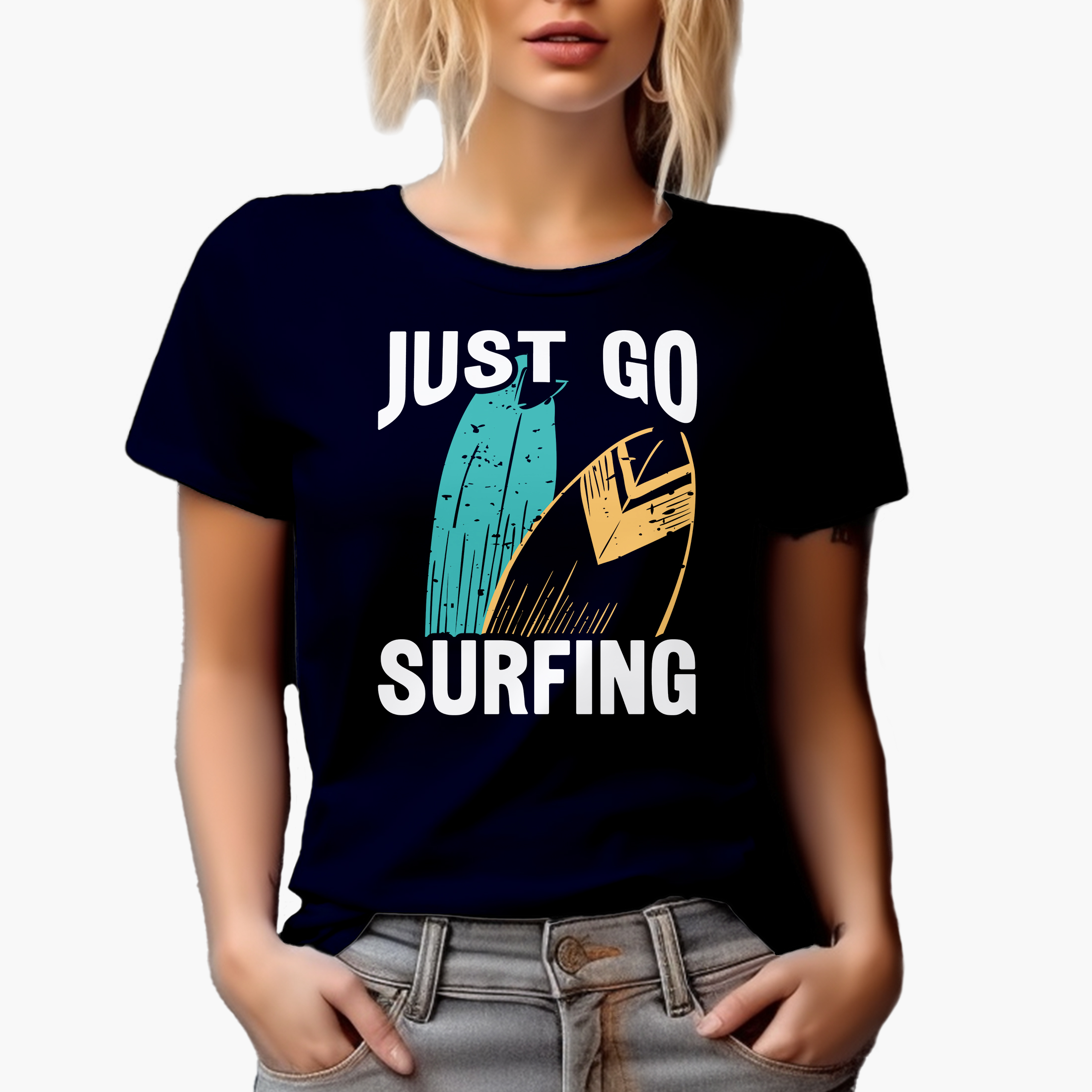 Just Go Surfing, Surfer, Navy Blue T-Shirt, Large